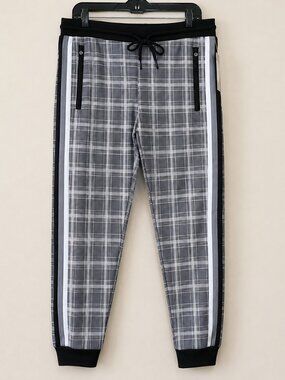 G-Net Men's Black Plaid Printed Fleece Streetwear Jogger Pants SZ M